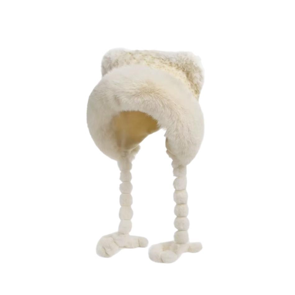 Winter Warme Bommelmütze Fleecegefüttert Verdickt Gestrickte Wollmütze Damen Niedliche Plüschmütze Kunstpelz Schmeichelhaft