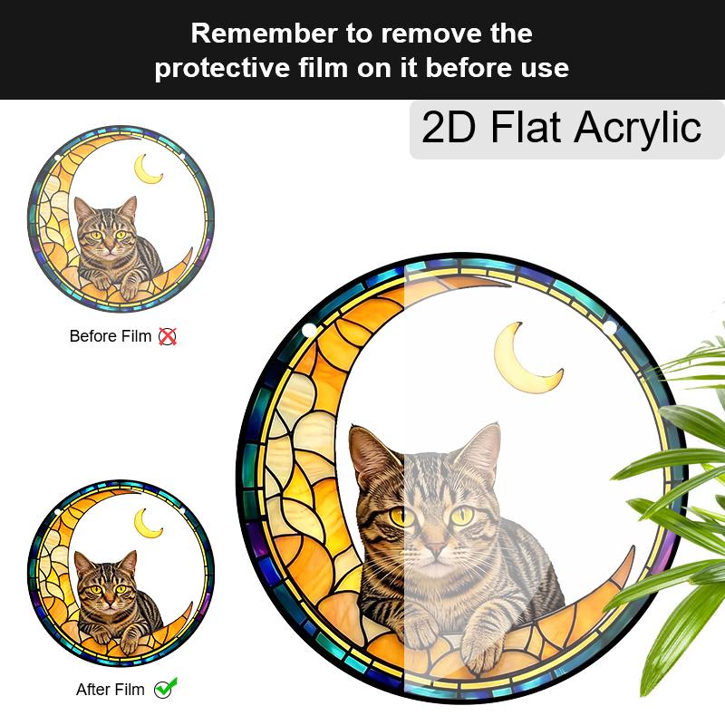 Acrylic Crescent Moon Tabby Cat Suncatcher, Stained Glass Style Window Hanging Ornament for Cat and Celestial Lovers