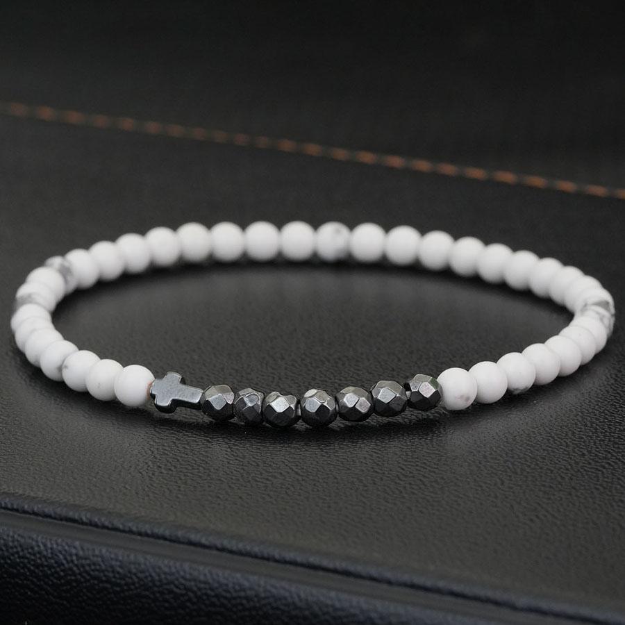 Fashion 4mm Beads Men Cross Bracelet Multi Sided Black Gallstones Healing Braclet Rosary Lava Howlite Hematite Braslet Hombre