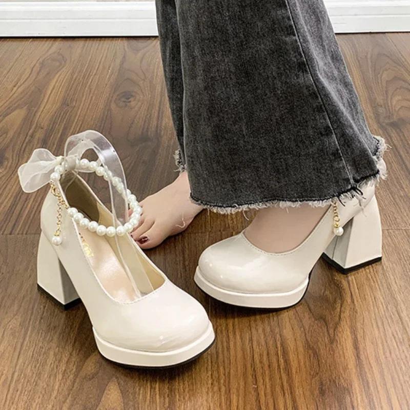 Womens High Heels Mary Jane Shoes Elegant Pearl Party Banquet Shoe Platform High Heel Single Shoes for Women Wedding Dress Shoes