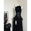 Womens Gothic Vintage 2-Piece Set Sleeveless Top High Waist Split Maxi Dress Slim Fit