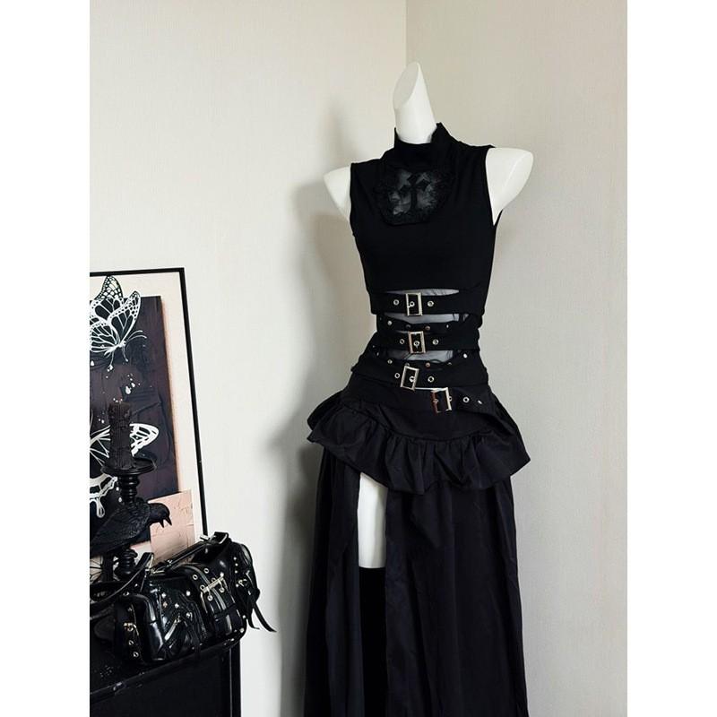 Womens Gothic Vintage 2-Piece Set Sleeveless Top High Waist Split Maxi Dress Slim Fit
