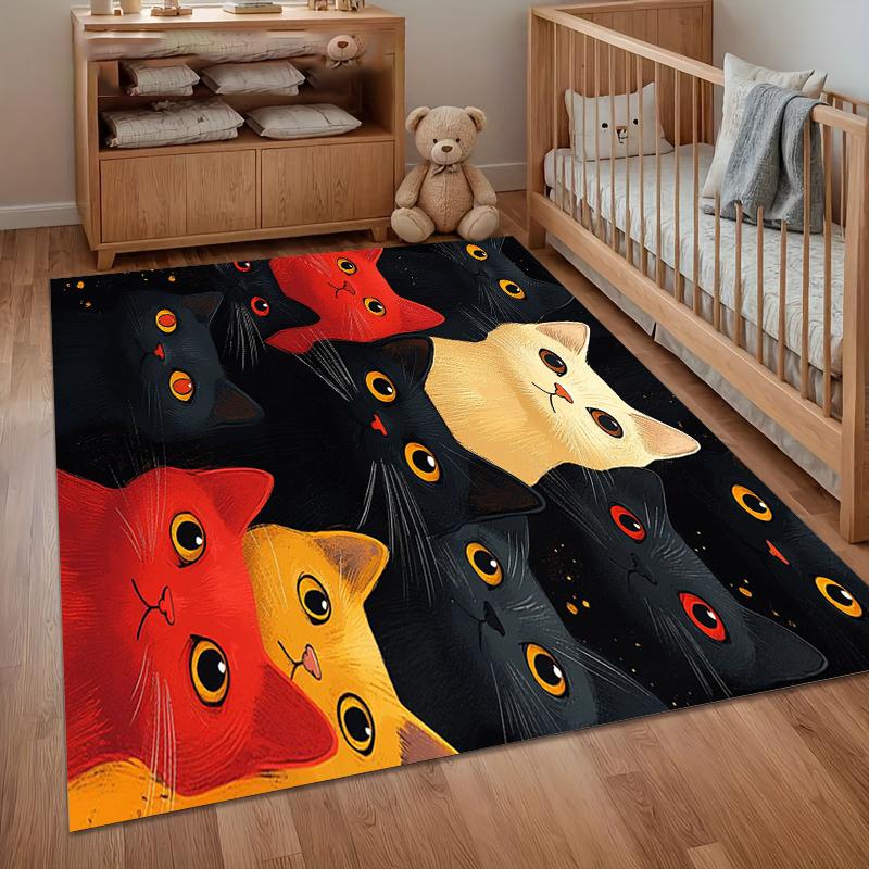 Non-Slip Whimsical Cat Area Rug with Red, Yellow, and Black Cat Faces on Black Background for Nursery Bedroom Living Room Decor