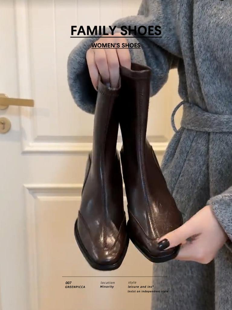 Han thick heel square head short boots retro elastic thin boots women's rear zipper high heel short boots Martin boots women's