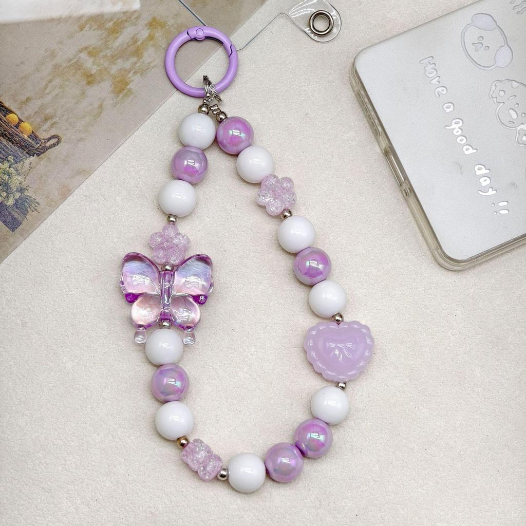 Random Color Beaded Phone Chain with Crystal Butterfly Keychain Pendant