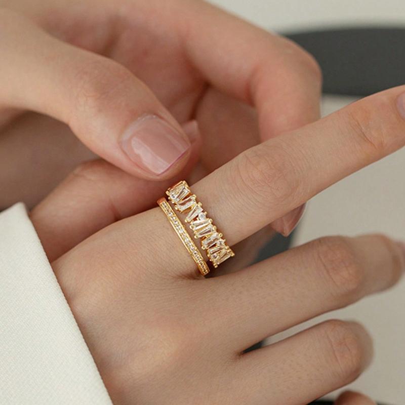 1pc Dainty Double Layered Asymmetrical Opening Ring Inlaid with Cubic Zirconia