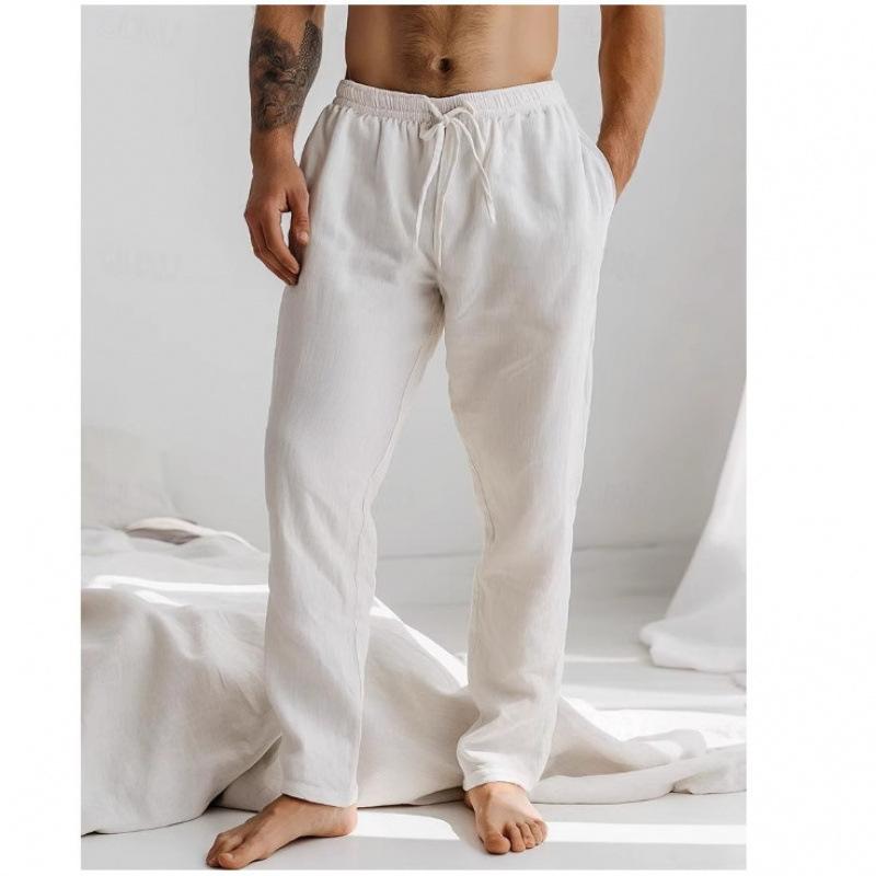 

Classic Mens Solid Beach Long Pants Color Linen Trousers Men s Sports Fitness Streetwear S білий
