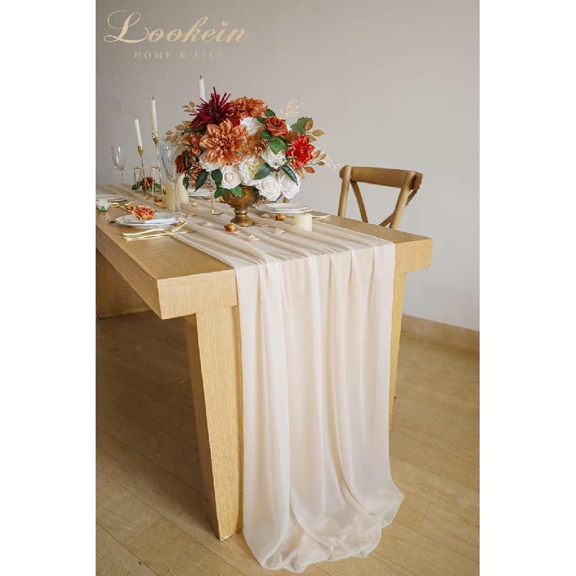 Lookein 10 Feet Champagne Chiffon Table Runner Sheer Wedding Table Cloth 29x120 Inches Rustic Wedding Decorations French Chiffon Table Runner