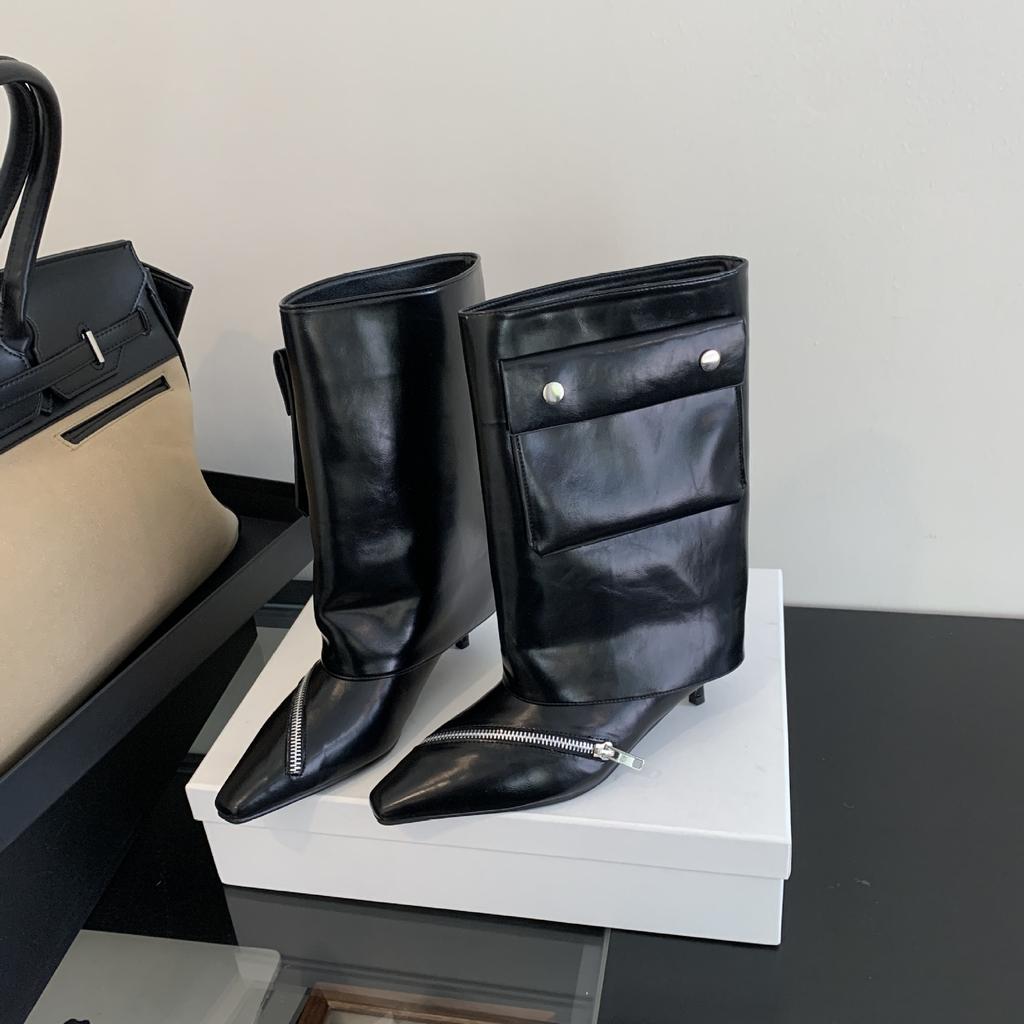 2025 autumn and winter pointed-toed stiletto short boots fashion personalized bag decoration Spice Girls big tube circumference boots