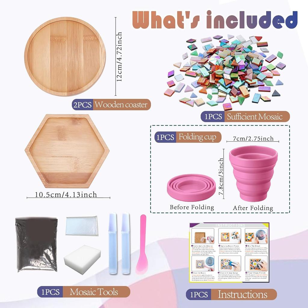 DIY Mosaic Tiles Crafts Kits for Adults, Mixed Stained Glass Mosaic Kit with 2 Sets Wooden Coaster Making Materials Package,Mosaic Adult Crafts for