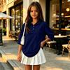 Children's Color 3/4 Sleeve Button Down Shirt with Collar and Side Slits, Casual Everyday Wear
