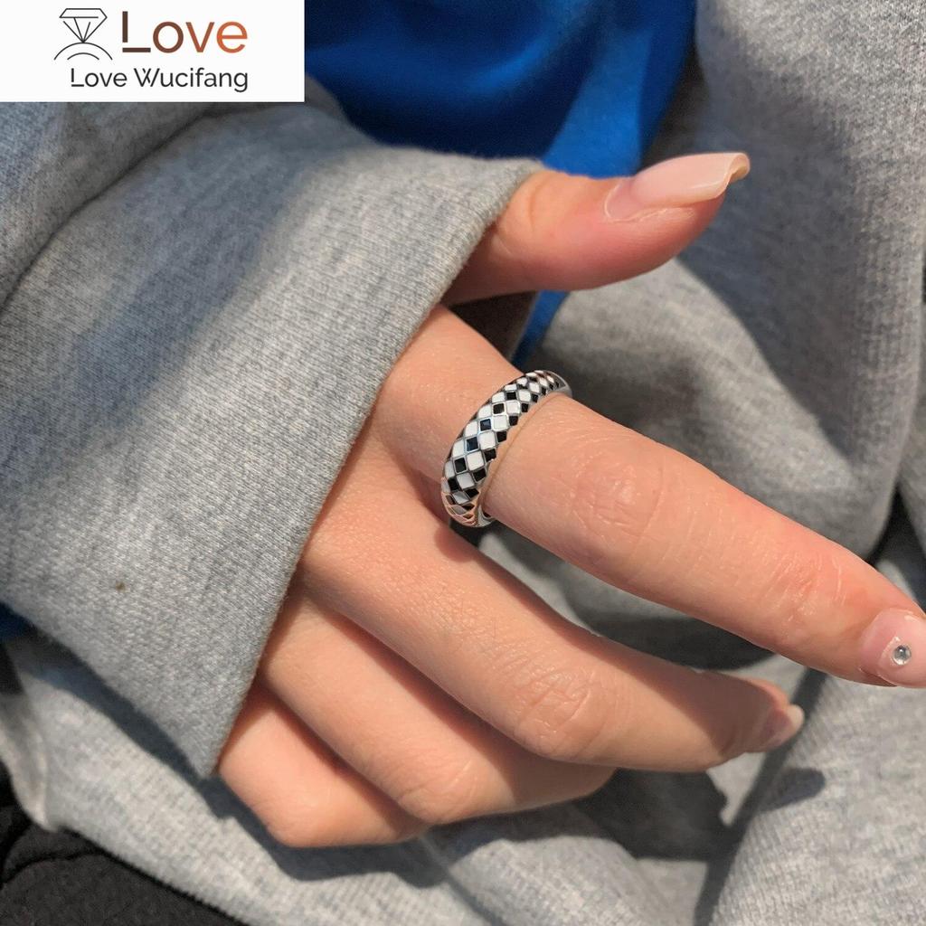 S925 Sterling Silver Checkerboard Ring Female Niche Design Light Luxury Fashion Personality  New High -Level Sense