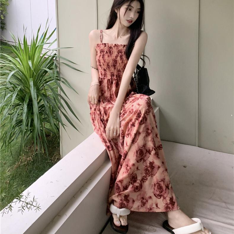 French Rose Print Lace Dress for Women Summer Autumn New Design Sense High Waist Wrapped Chic Strap Long Dresses