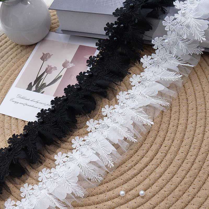 1M White 3D Rose Lace Trim Flower Embroidery With Pearl Wedding Dress Decor Tassel Patch DIY Crafts Supplies Needlework Ribbon