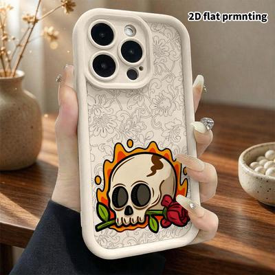 Phone Case: 2D Flat Design Suitable for iPhone 18 17 16 15 14 13 Pro Protective Case, Unisex, Rose Skull, Christmas and Halloween Gift