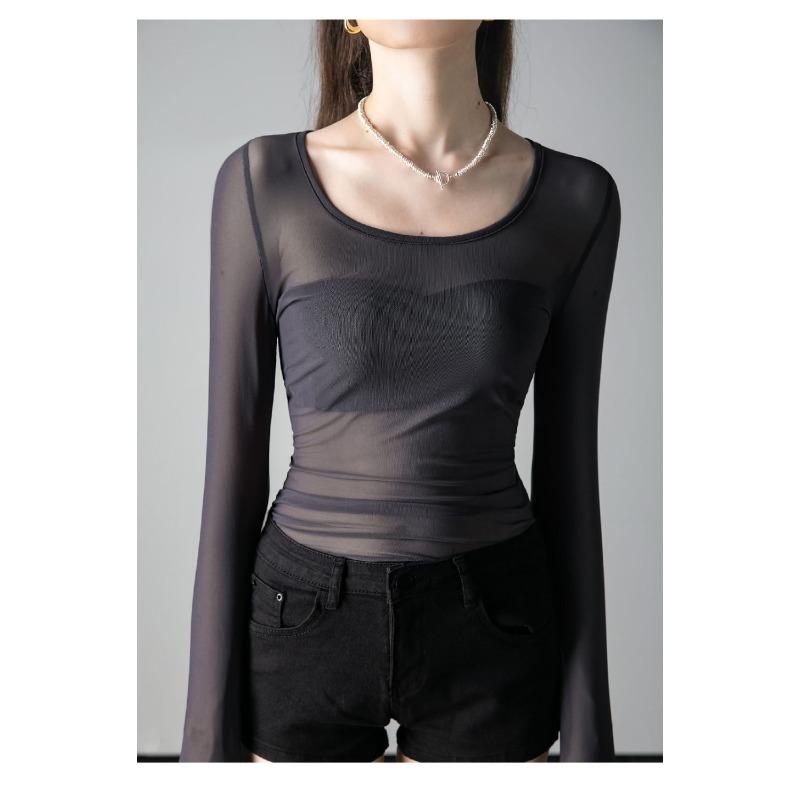 

Чорний Сітчастий Топ Спортивна Йога Базовий Топ з Довгим Рукавом S сірий колір