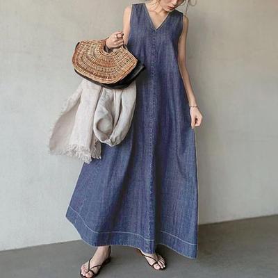 Sukienka maxi z denimu w stylu japońskim: Sukienka długa bez rękawów z dekoltem w serek i detalami wiązania na plecach w stylu Harajuku dla kobiet, strój casual w stylu boho chic