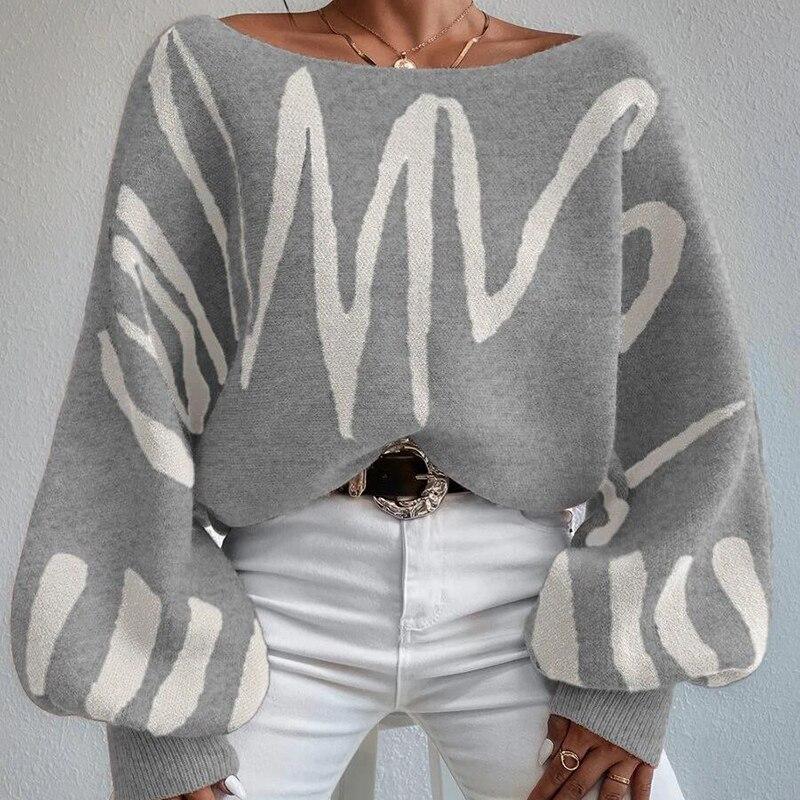 

Осенний свободный полосатый вязаный свитер, женский винтажный пуловер с рукавами-фонариками, женские свитера, зима 2023, повседневный трикотаж 28467 L