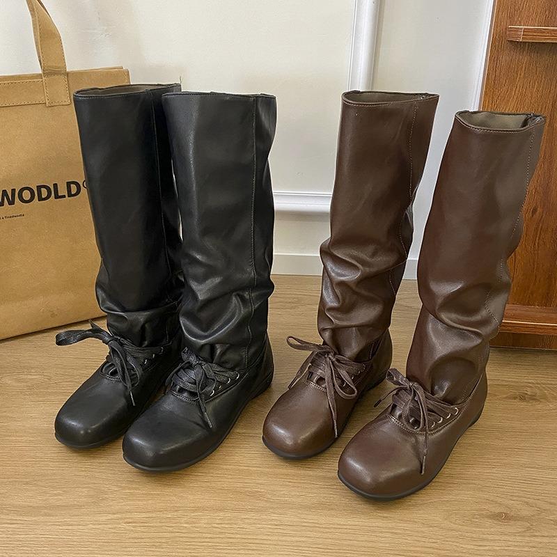 Cowhide version thick-soled thick-heeled inner heightened stacking boots women's new square-head trouser boots western knight boots