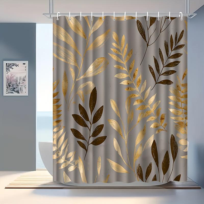 Golden Leaves Shower Curtain Waterproof Easy To Clean Privacy Protection Print Luxury Nature Design Elegant Elevate Your Space