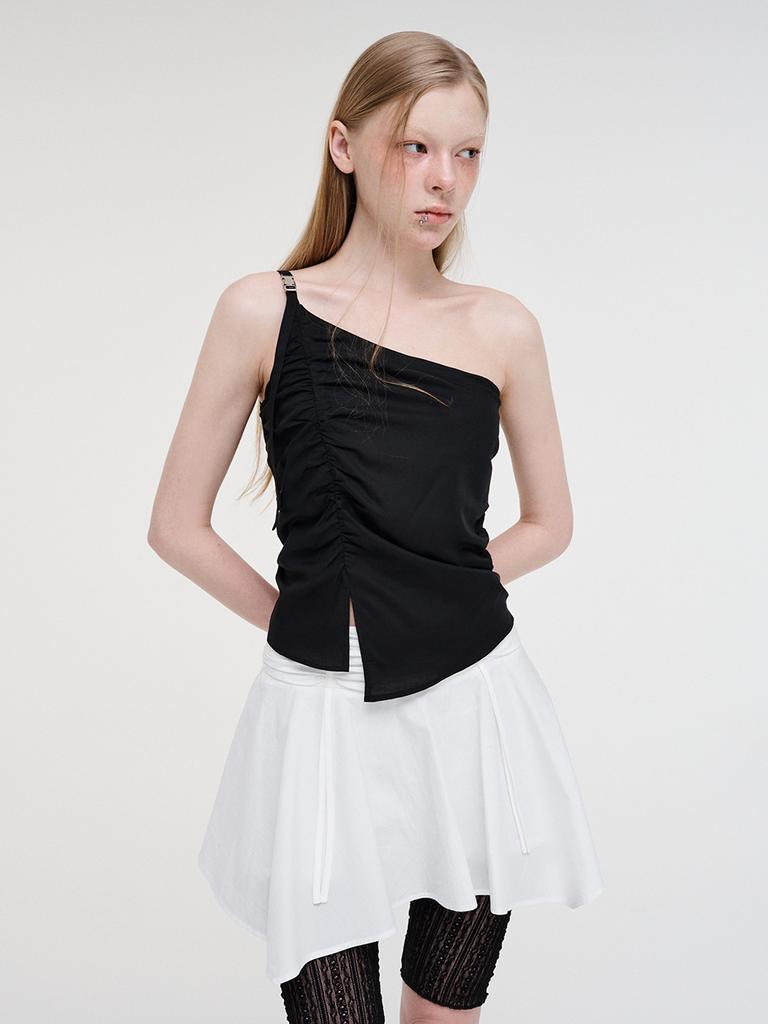 ETMON One Shoulder Buckle Blouse Black
