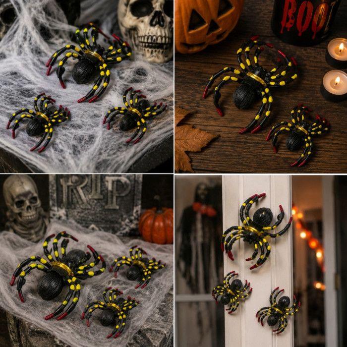 Lot of 3 Halloween Spiders – 1 Spider 9 Cm and 2 Spiders 6 Cm, Black, Yellow and Red, Scary Decoration for Party