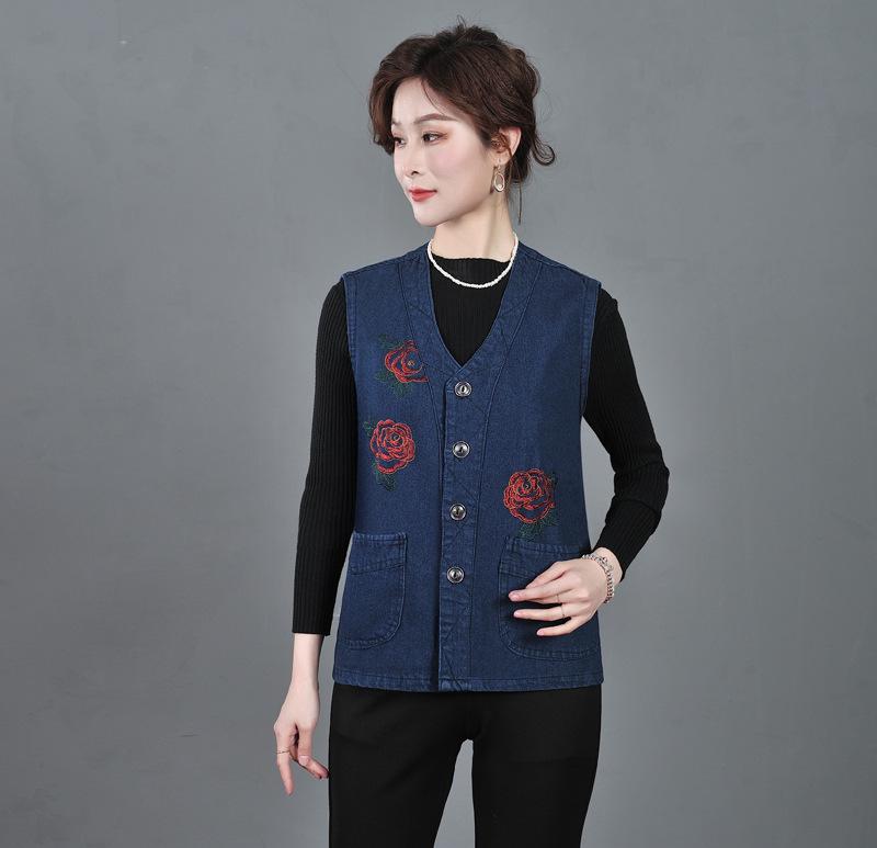 Spring 2023 Women's Casual Denim Vest with Embroidered Design for Middle-Aged & Elderly Moms