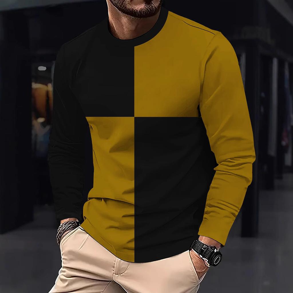 Men's Checkerboard Splicing Long Sleeved Trendy Round Neck T-shirt