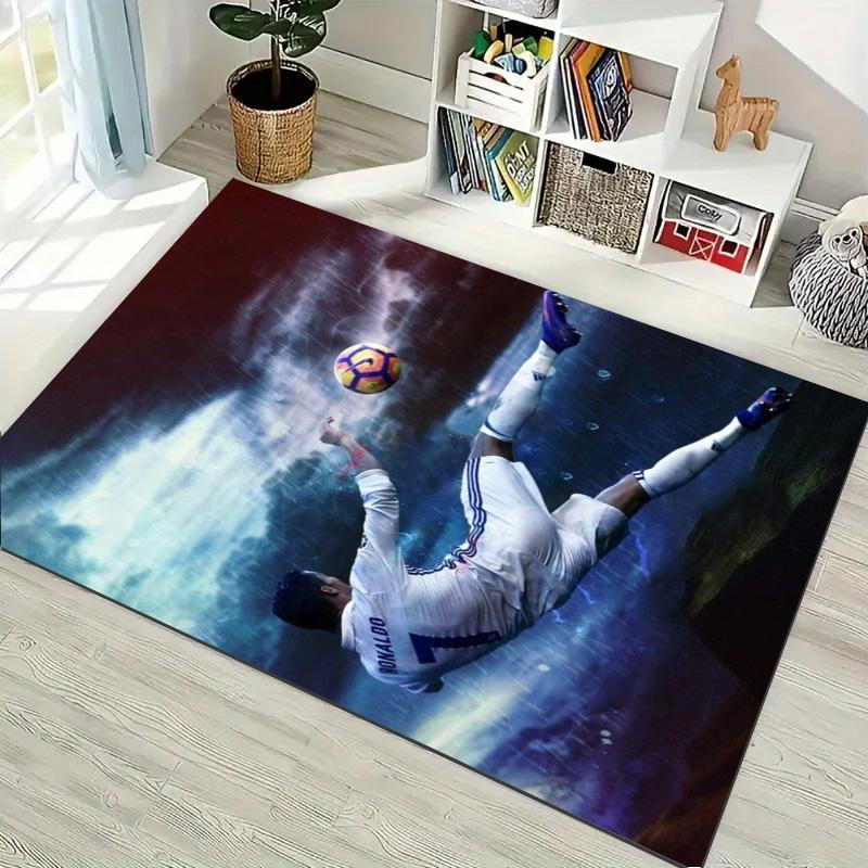 Rainy Sky Bicycle Kick Football Player Print Area Rug, Sports Fan Non‑Slip Floor Mat for Living Room Bedroom Home Decor