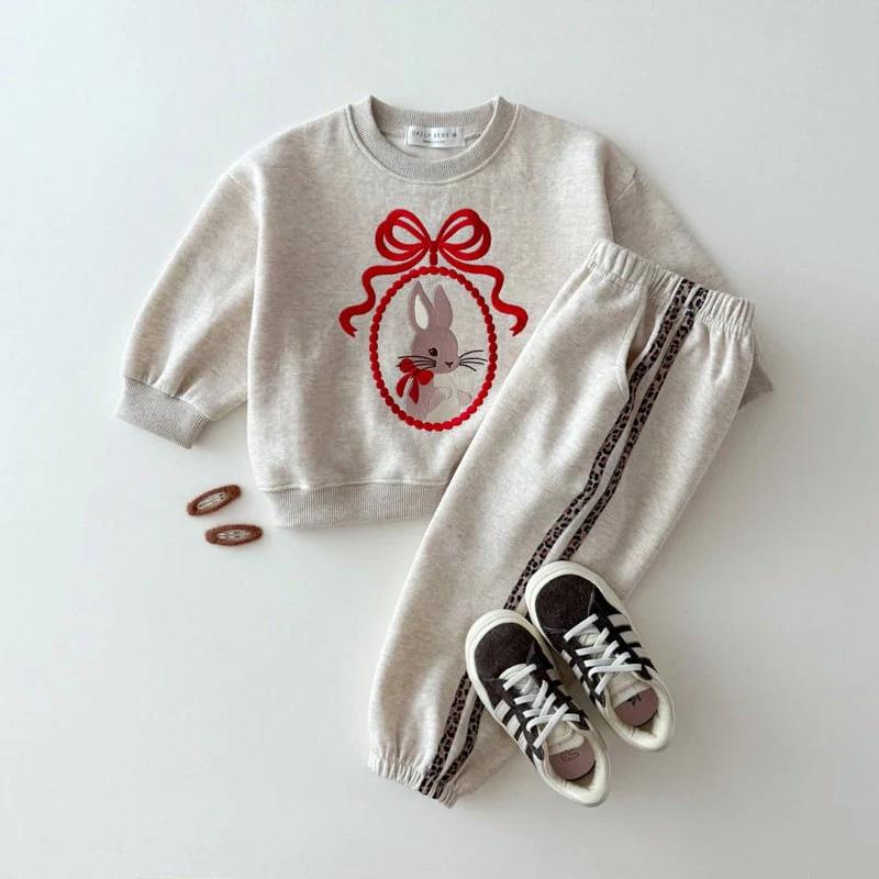 Embroidered Bow Bunny Hoodie for Little Girls - Autumn Pullover Top
