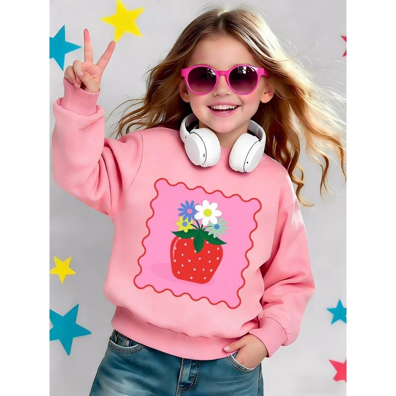 Kids Crewneck Sweatshirt, Cartoon Strawberry & Floral Graphic Print, Spring Autumn Casual Tops