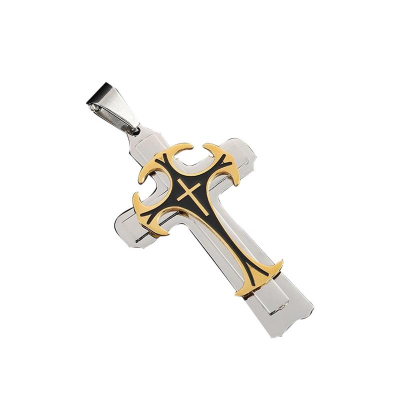 Titanium Steel Long Necklace European And American Domineering Pattern Three Layer Cross Pendant Necklace