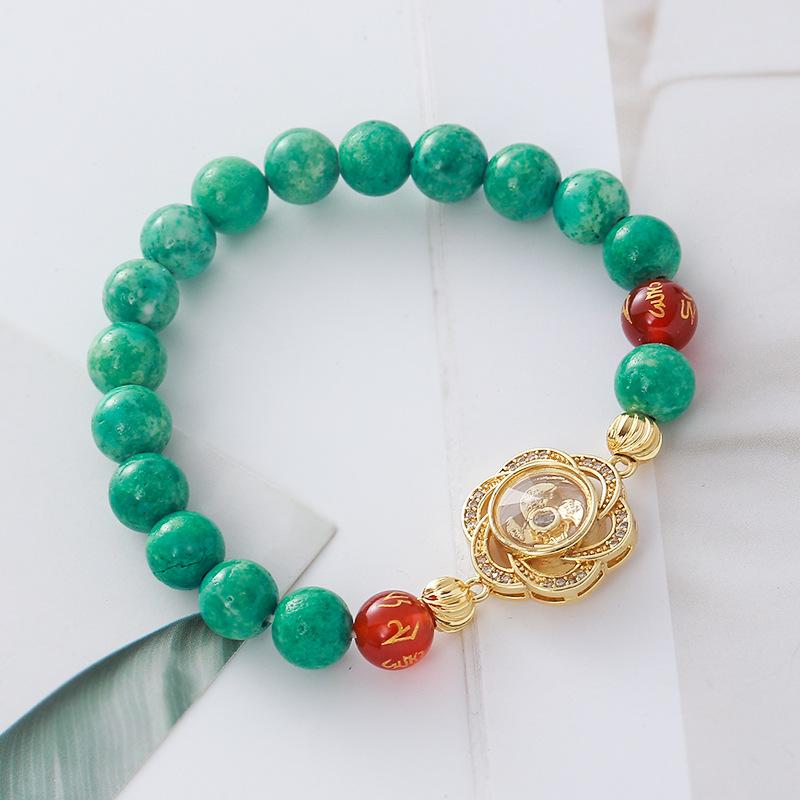 Natural Green Quartz Bead Bracelet for Women Retro Gold Plated Flower Pendant
