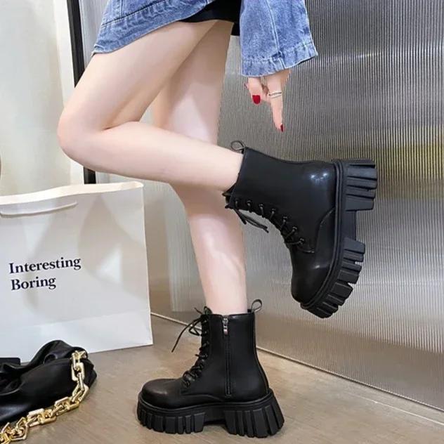 

Women s Boots Fashion Mid Calf Boot PU Leather Casual Boots Non-Slip Platform Boots for Women Lace Up Ankle Boot Botas Mujer 35
