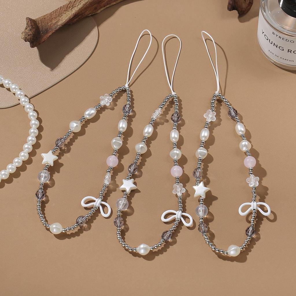 Elegant Pearl Beaded Phone Lanyard with Bow, Star, and Luxury Chain – Anti-Lost Design for Women