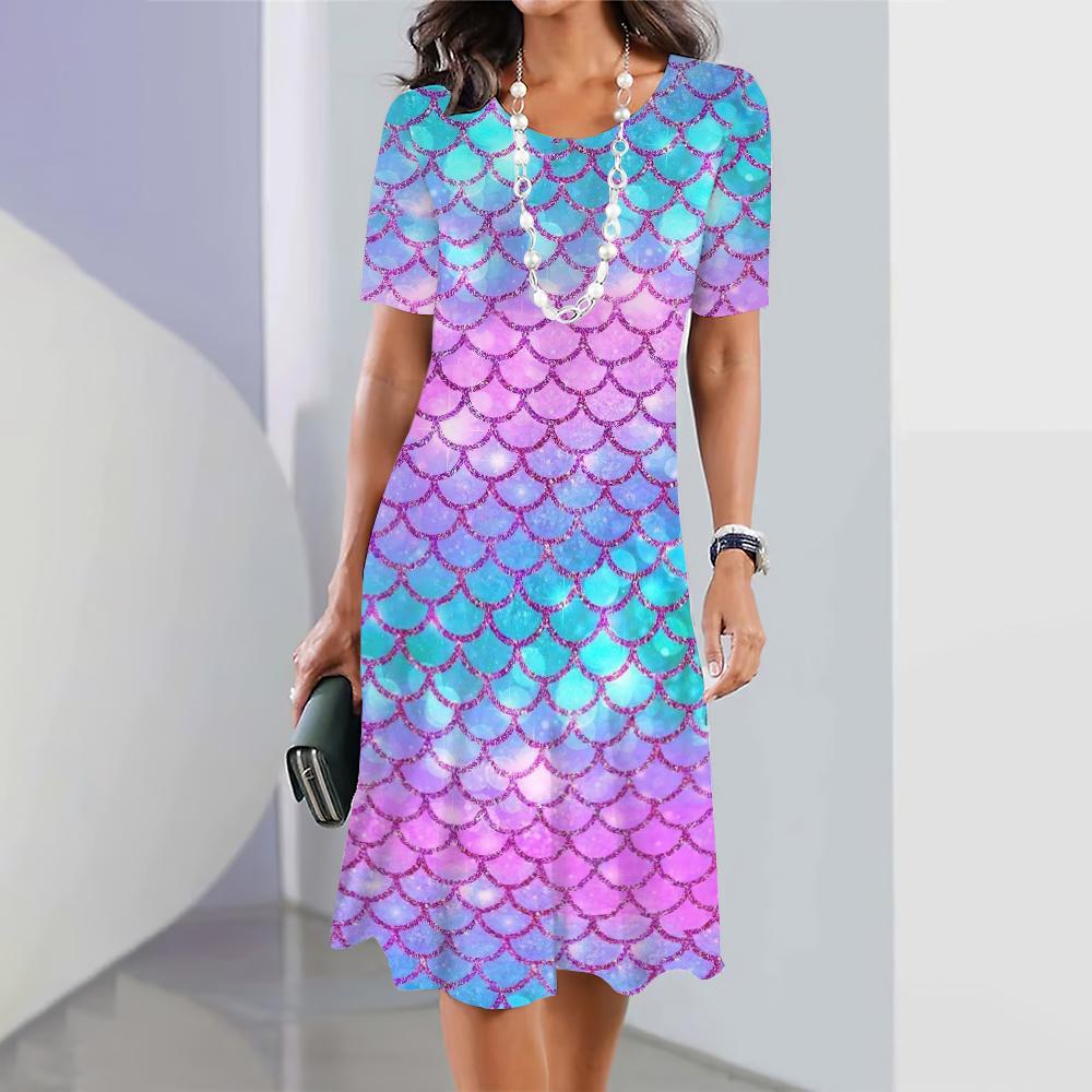 Bunte Fischschuppenform Druck Damenkleider Design Plus Size Elegante lange Kleider Damenkleid Damenbekleidung