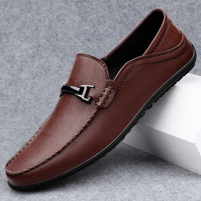 Men's shoes spring new leather shoes men's genuine leather business casual men's soft-soled Doudou shoes one foot lazy shoes
