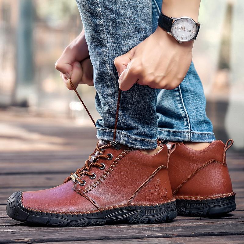 High Top Casual Shoes Men's Lace Up Genuine Leather Flat Bottom Boots High-quality Hiking Shoes Men Wide Toe Barefoot Boots Lace