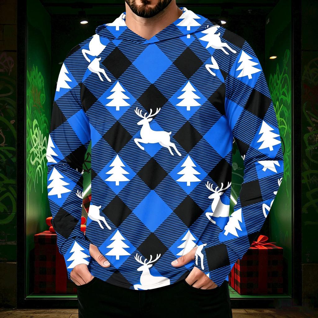 Men's Long Sleeve Hooded Sun Shirt with Christmas Print for Casual Daily Wear