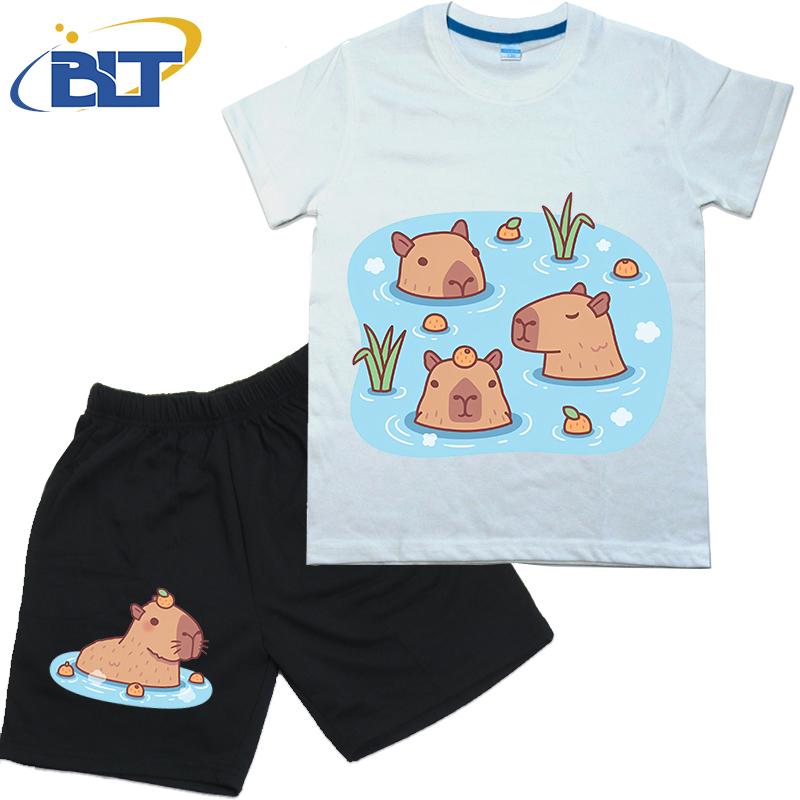 Cute Capybaras Chilling In Hot Spring With Oranges Print Kids T-shirt Set Summer Cotton Short-sleeved Shorts 2-piece Set
