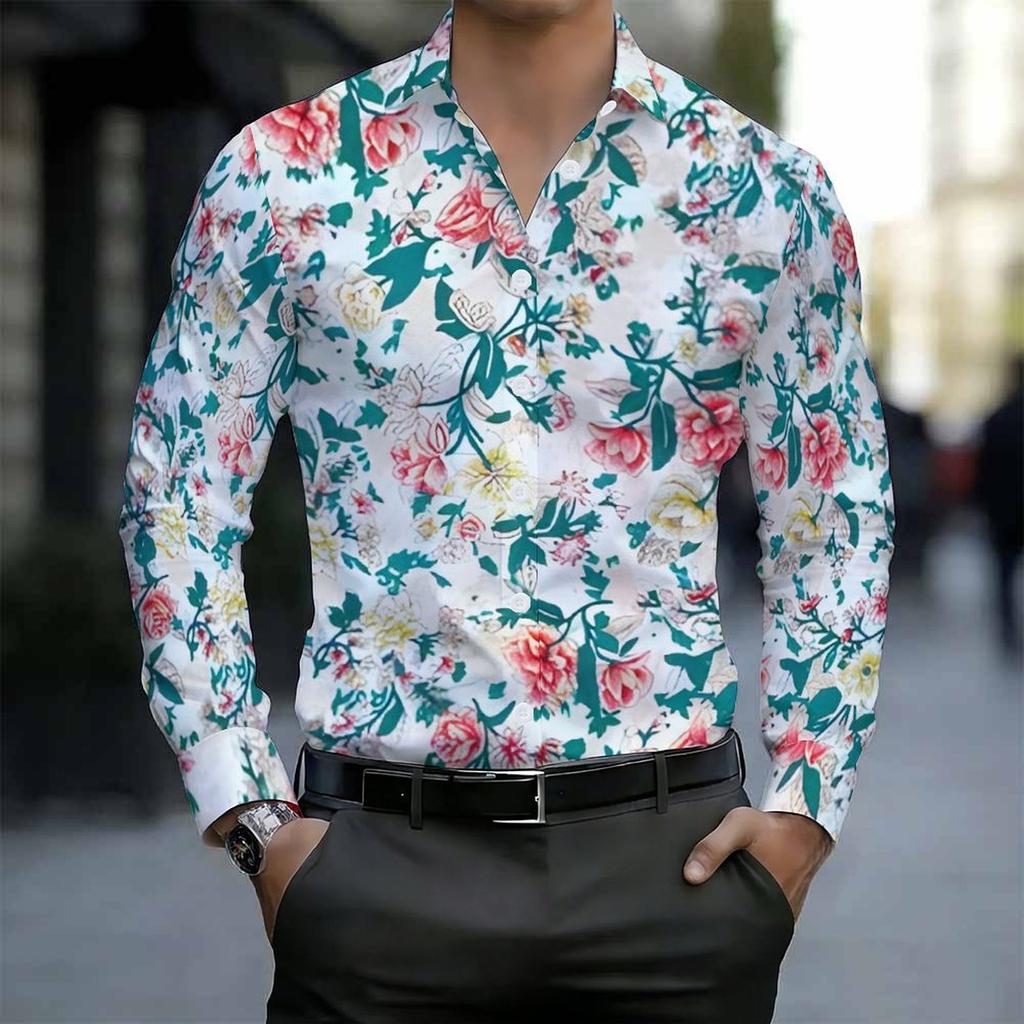 Men Collared Shirt White Base Pink Yellow Rose Leaf Floral Print Long Sleeve Button Down Top
