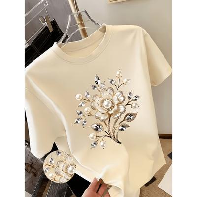 [Circle] Women's Casual T-shirt, Pearl Floral Pattern Printed T-shirt - Y2k Style, Exquisite, Gift,