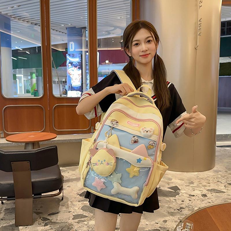 Color Fashion Blocked Cat Ear Design Student Backpack With Pendant And Badge