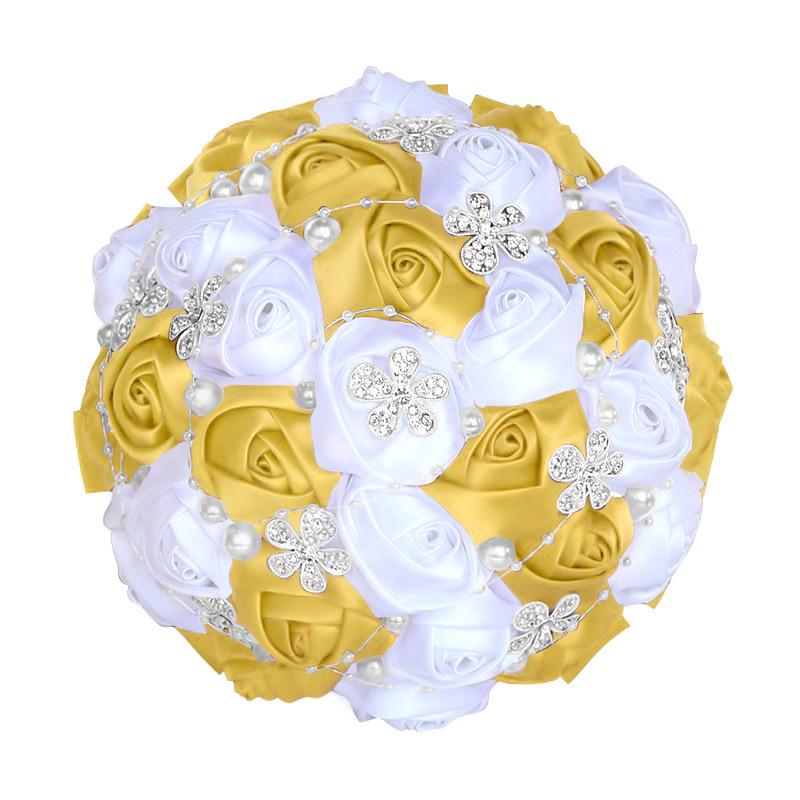European & American Elegant Ribbon Flower Bridal Bouquet – Beaded Five-Flower Design