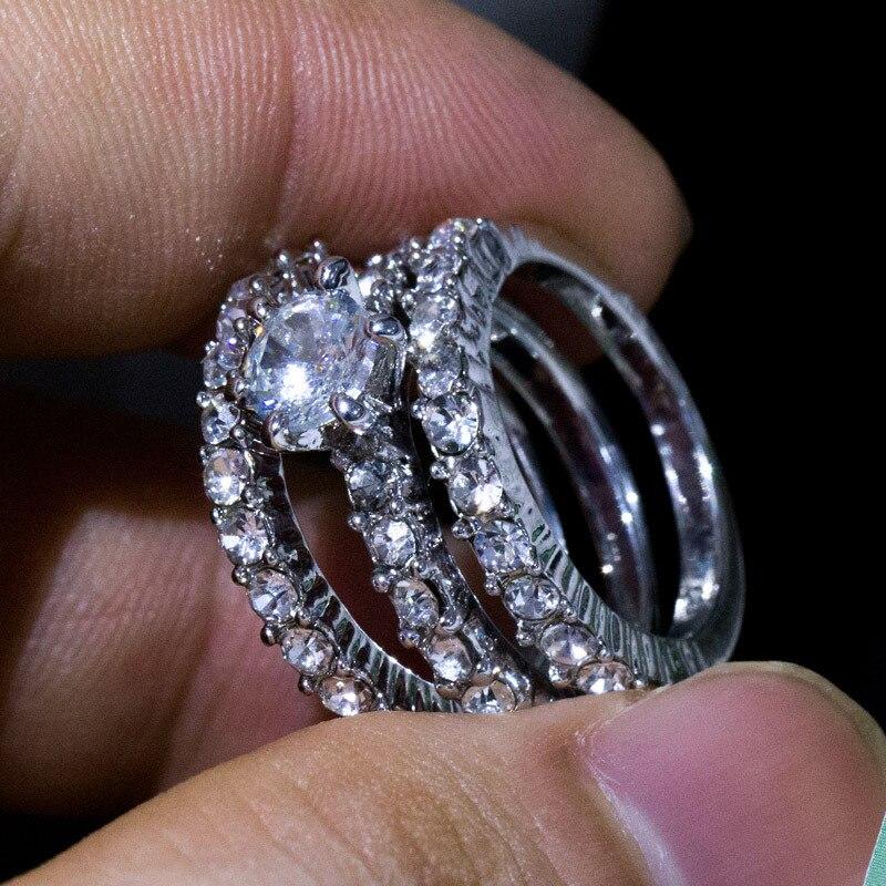 Fashion Luxury 3pcs Silver Color Shiny Zircon Ladies Ring Set Bride Wedding Engagement Jewelry Accessories Gift