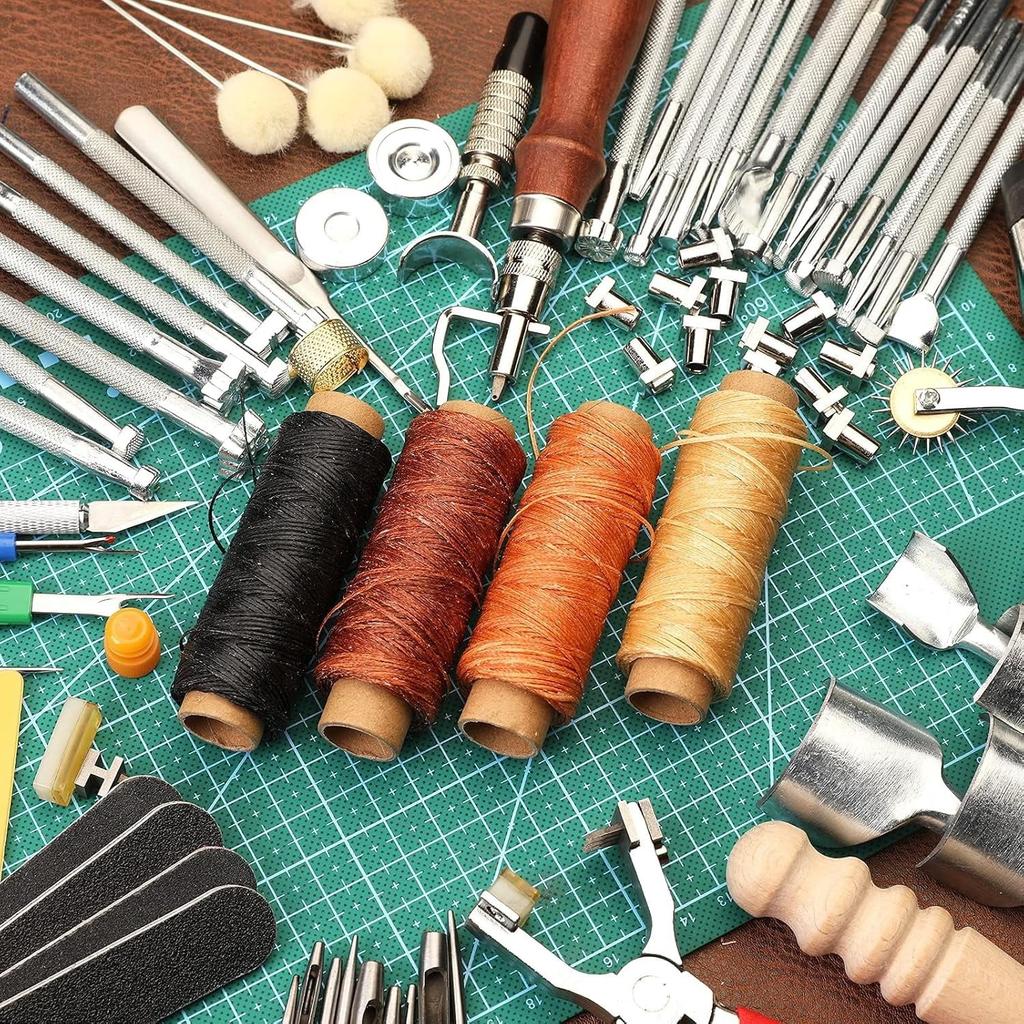 273 Pieces Leather Working Tools and Supplies with Leather Tool Box Cutting Mat Hammer Stamping Needles Snaps and Rivets Kit Perfect