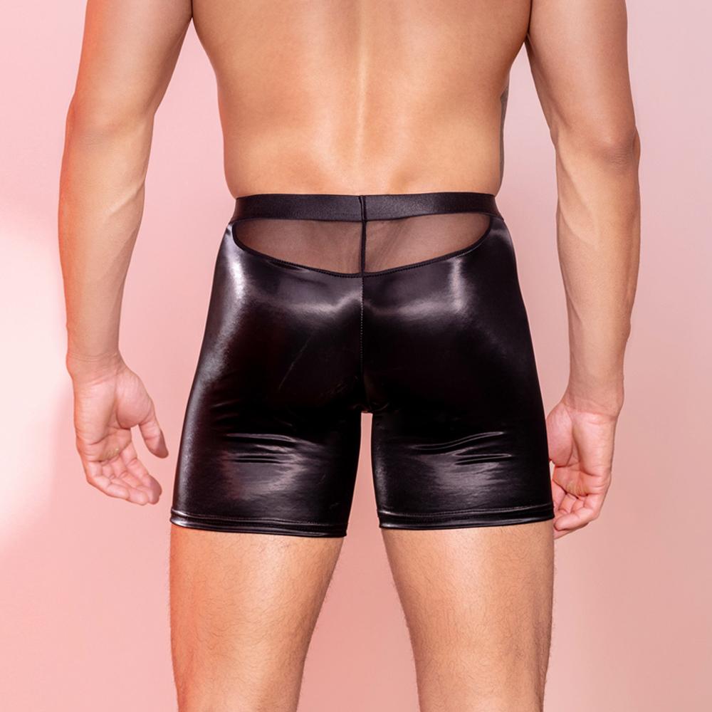 Sexy Men Pu Patchwork Elastic Boxer Mesh Sheer Transparent Shorts U Bulge Pouch Leggings Shaper Wear For Male Gym Fashion