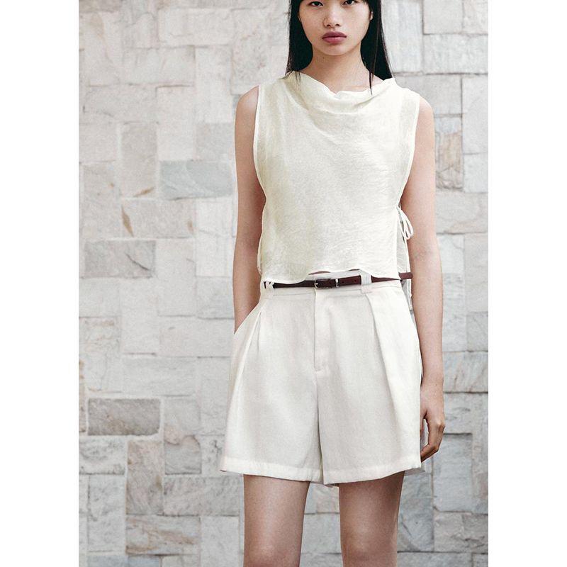 Summer New Product Women's Clothes Bowknot Decoration Wrinkle Effect Draped Collar Sleeveless Short Shirt Tops 3666801