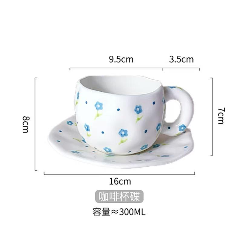 300ML Korean Style Hand Pinched Irregular Ceramic mug Hand-painted Flower Heart Coffee Cup Breakfast Milk Afternoon tea cup Gift