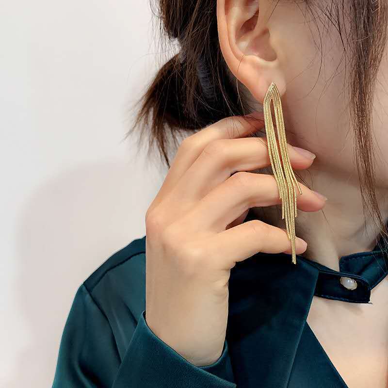 Vintage Gold Color Bar Long Thread Tassel Drop Earrings For Women Glossy Arc Geometric Korean Earring Fashion Jewelry  New